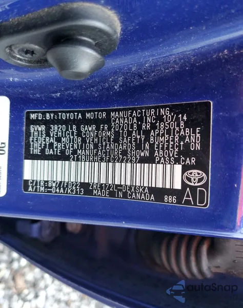 2015 Toyota Corolla L из США, поврежденный, VIN 2T1BURHE3FC272297